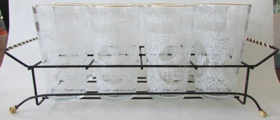 Lot Of 8! Vintage Glass TUMBLERS & Wire Caddy, Applied Decoration, Metallic Gold Trim, Approx 5'