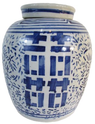 Signed Imported Porcelain GINGER JAR VASE With LID, Blue & White BAMBOO Pattern, Large 9' Size, Made In China