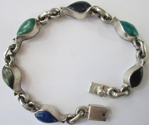Vintage Link Bracelet, Multicolor FISH Shape Cabochons, Sterling .925 Silver Setting, MEXICO, Functional Clasp