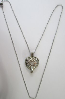 Contemporary Chain Necklace, Filigree CAGE HEART Pendant, Silver Tone Base Metal, Clasp Closure