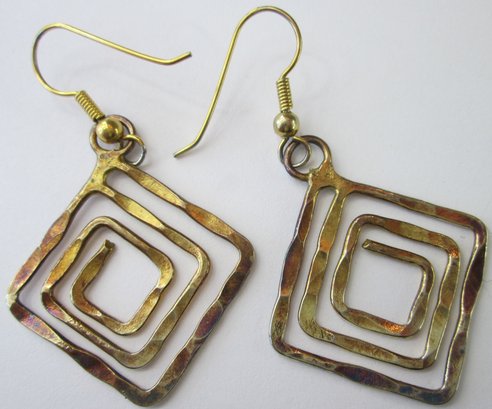 Vintage Pair PIERCED Earrings, Stylized Square Design, Loop Backings, Gold Tone Base Metal Construction