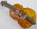 Vintage Brooch Pin, BASS Instrument Design, Believed To Be Polished AMBER, Sterling .925 Silver Setting