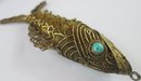 Vintage Drop PENDANT, Segmented Filigree FISH Design, Faux Turquoise Cabochon Eyes, Gold Tone Base Metal