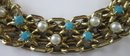 Vintage Chain Link BRACELET, Faux Turquoise & Pearl Design, Gold Base Metal Construction, Clasp & Guard Chain