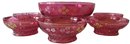 Set Of 6! Antique BERRY Bowls, Large Serving & 5 Small, Cranberry Flashed, Hand Painted Flowers, Lg Appx 8'