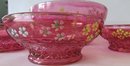 Set Of 6! Antique BERRY Bowls, Large Serving & 5 Small, Cranberry Flashed, Hand Painted Flowers, Lg Appx 8'