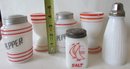 Set Of 6! Vintage HAZEL ATLAS Glass Co, Kitchen Glassware, Clean WHITE Color, RED Trim, Largest Appx 5' Tall