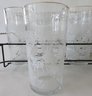 Lot Of 8! Vintage Glass TUMBLERS & Wire Caddy, Applied Decoration, Metallic Gold Trim, Approx 5'