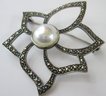 Vintage Brooch Pin, Faux Pearl Cabochon, Faceted Marcasite Stones, Sterling .925 Silver Setting