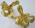 Vintage Pair CLIP Earrings, RIBBON BOW Design, Gold Tone Base Metal Settings