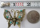 Signed SANDOR, Vintage Brooch Pin, BUTTERFLY MARIPOSA Design, Faux TURQUOISE Cabochons, Gold Tone Base Metal
