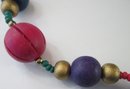 Vintage Single Strand NECKLACE, Multicolor Wood Beads, Gold Tone Accents, Base Metal Hook Closure