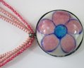 Contemporary Multi Strand NECKLACE, Whimsical Domed FLOWER Pendant, PINK Seed Beads, Stretchy Adjustable