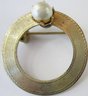 Vintage Circle Brooch Pin, Faux PEARL Embellishment, Textured Gold Tone Base Metal Construction