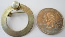 Vintage Circle Brooch Pin, Faux PEARL Embellishment, Textured Gold Tone Base Metal Construction