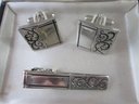 Three 3 Piece Set, CORAL Brand, Vintage CUFF LINKS & TIE BAR, Intricate Incised Design, Silver Tone Base Metal