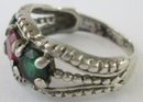 Vintage Finger Ring, Green & Red Stones, Silver Tone Base Metal Setting, TINY Size 3