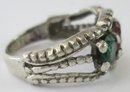 Vintage Finger Ring, Green & Red Stones, Silver Tone Base Metal Setting, TINY Size 3