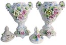 Set Of 2! Vintage Capodimonte Style URNS W/lids, Dimensional Applied FLOWERS, Nicely Detailed, Approx 7' Tall