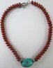 Vintage BEAD Necklace, Faceted ORANGE RED Beads, Large TURQUOISE Pendant, Silver Tone Base Metal Loop & Bar