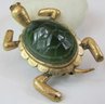 Signed HK, Vintage TURTLE Brooch Pin, GREEN JADE Accent, 14K Gold Setting