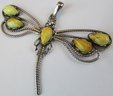 Vintage DRAGONFLY Drop Pendant, AMBER Teardrop Accents, Sterling .925 Silver Setting