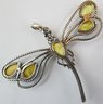 Vintage DRAGONFLY Drop Pendant, AMBER Teardrop Accents, Sterling .925 Silver Setting