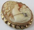 Signed ESEMCO, Vintage CAMEO Brooch Pin, Carved PORTRAIT Design, Diamond Chip Accent, 10K Gold Setting