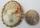 Signed ESEMCO, Vintage CAMEO Brooch Pin, Carved PORTRAIT Design, Diamond Chip Accent, 10K Gold Setting
