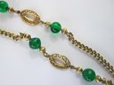 Vintage Single Strand CHAIN Necklace, GREEN Glass Beads, Approximately 38' Length, Gold Tone Base Metal, Clasp