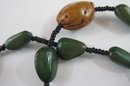 Vintage Single Strand Necklace, Whimsical Walnut Design & GREEN Beads, Approximately 26' Length, Slip Over