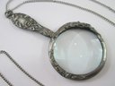 Vintage Chain Necklace, Framed MAGNIFYING GLASS Pendant, Victorian Style Decoration, Pewter Finish Base Metal