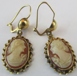 Vintage PAIR Pierced EARRING SET, Figural Carved CAMEO Inserts, Yellow 14K GOLD Settings