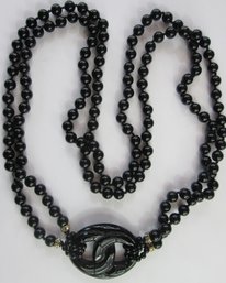 Fantastic Vintage Bead Necklace, Black ONYX Beads & Double Loop Pendant, Rhinestone Rondels, Slip Over