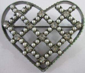 Contemporary Brooch Pin, Lattice HEART Design, Faceted Rhinestones, Silver Tone Base Metal Construction