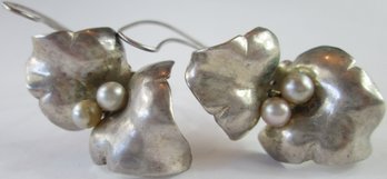 Vintage PAIR Pierced Earrings, Sculptural FLOWER BLOSSM Design, Silver Base Metal Construction, Loop Backings