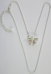 Contemporary Ball Chain Necklace, BOW Drop Pendant, Iridescent RHINESTONES, White Coated Base Metal, Clasp