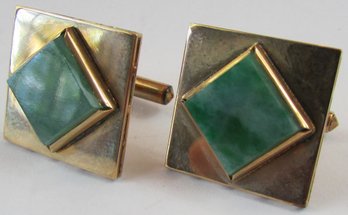 Stunning Vintage CUFF LINKS, JADE GREEN Color Inserts, Yellow 14K GOLD Settings