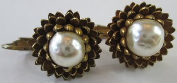 Signed HASKELL, Vintage CLIP Earrings, Flower Blossom Design, Faux Pearls, Gold Tone Base Metal