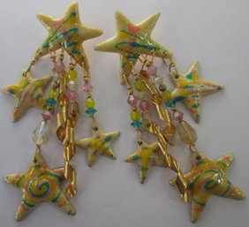 Contemporary PAIR Pierced DANGLE EARRINGS, Multicolor STARS & STREAMERS Design, Post Backings, Lightweight
