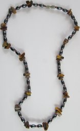 Vintage NECKLACE, Polished HEMATITE & CATS EYE Beads, Approx 15' Length, Functional BARREL Screw Closure