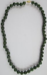 Vintage Choker Length NECKLACE, Individually Knotted Jade Green Color Beads, 14K GOLD Clasp Closure, Appx 16'
