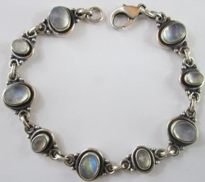 Vintage Link Bracelet, MOONSTONE Cabochons, Sterling .925 Silver Setting, Functional Clasp Closure