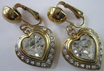 Contemporary PAIR Clip DANGLE EARRINGS, Heart Design, Crystal Clear Stones, Gold Tone Base Metal Settings