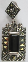 Vintage Drop PENDANT, Emerald Cut Central Stone, Faceted MARCASITE Stones, Sterling .925 Silver