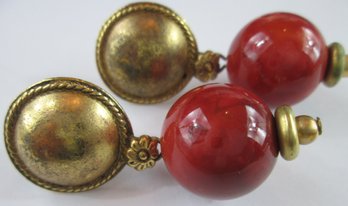 Contemporary PAIR Pierced Dangle Earrings, Russet RED Accent Beads, Post Backings, Gold Tone Base Metal