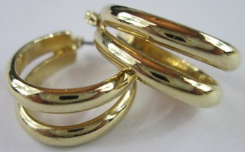 Contemporary Pair Pierced EARRINGS, Double HOOP Design, Post Backings, Gold Tone Base Metal Construction