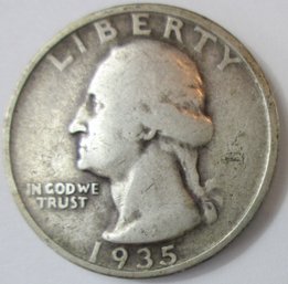 Authentic 1935D WASHINGTON SILVER QUARTER Dollar $.25, DenverMint, 90 Percent Silver, United States
