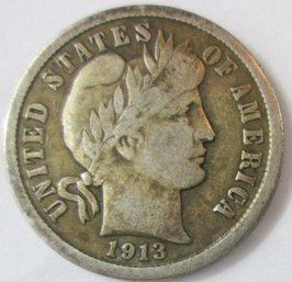 Authentic 1913P BARBER Or LIBERTY SILVER DIME $.10, PHILADELPHIA Mint, 90 Percent Silver, United States