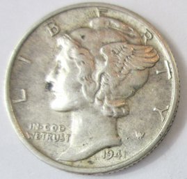 Authentic 1941P MERCURY SILVER DIME $.10, Philadelphia Mint, 90 Percent Silver, Discontinued United States